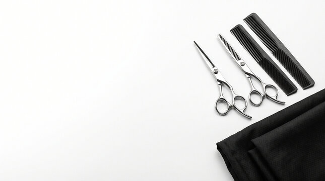 Professional barber scissors and comb flat lay mens grooming salon tools isolated on white copy space