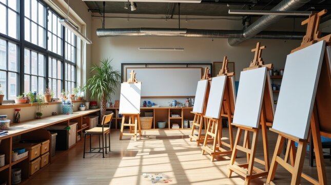 Aula de arte elegante con caballetes, materiales de pintura organizados, rejillas de secado y grandes ventanales industriales