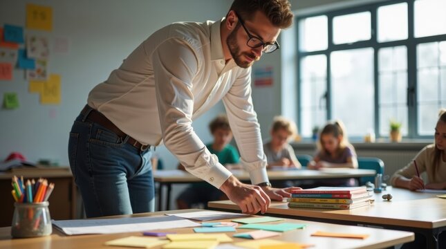 Un profesor con estilo organiza materiales did&aacute;cticos coloridos en mesas de trabajo colaborativo antes de la clase