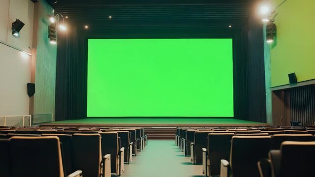 An empty theatre with a large green projection screen.