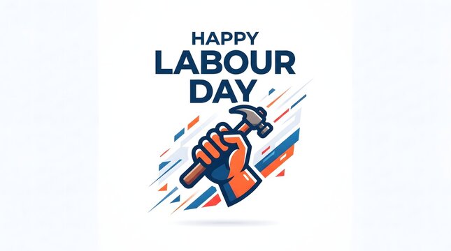Happy labour day poster design with raised fist holding hammer celebration greeting industry