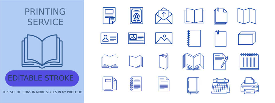 Book Printing and Publishing Icon Set, Brochure, Catalog, Flyer, Envelope, Letterhead, Print Media, Editorial Design, Publishing House and Blue Duotone Outline Icons