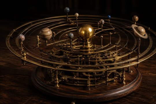 Brass orrery model of the solar system on a wooden desk