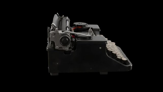 Classic 3D vintage mechanical typewriter isolated on a solid black background. Suitable for copywriting promos, storytelling videos, literature documentaries, journalism intros, history clips, and ret