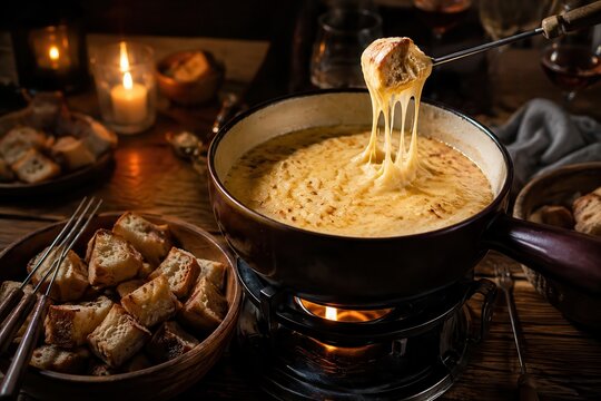 Melted cheese fondue pot with bread cubes by candlelight