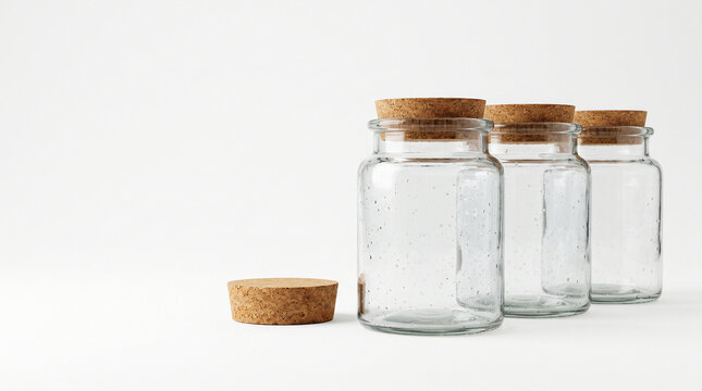 Upcycled recycled glass storage jars with cork lids zero waste kitchen isolated on white background eco friendly