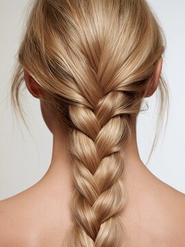 Close-up rear view of a blonde woman with a perfectly styled, thick French braid hairstyle