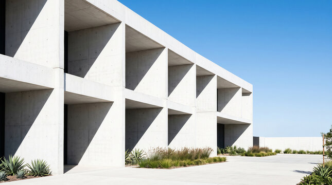 White concrete brutalist architecture facade bold geometric shadow minimalist modern exterior copy space