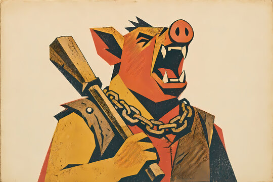 Minimalist vintage fantasy illustration of an anthropomorphic pig tavern brawler. From a vintage-style fantasy woodland animal characters collection. Perfect for RPG projects