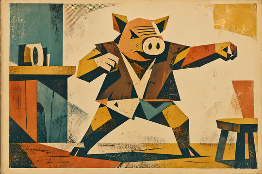 Minimalist vintage fantasy illustration of an anthropomorphic pig tavern brawler. From a vintage-style fantasy woodland animal characters collection. Perfect for RPG projects