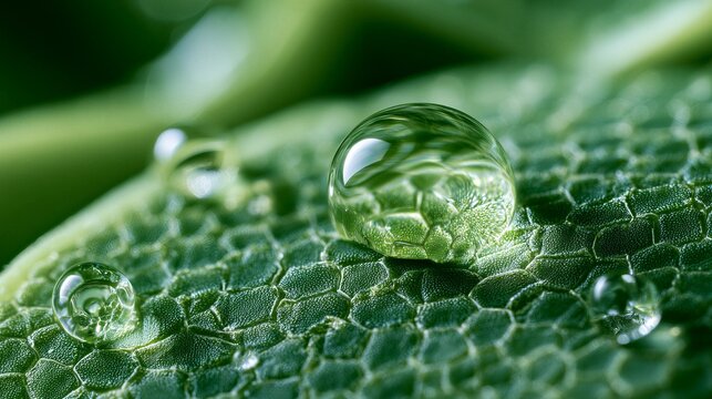 Extreme Macro Photo of Microscopic Plant Cell Wall and Water Dewdrop Lens for Botanical AgTech Concept
