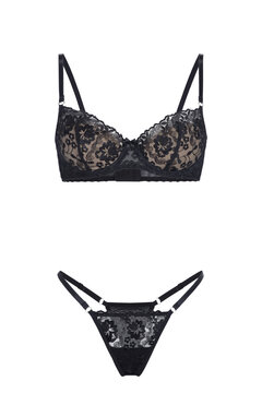 Black lace lingerie set with bra and thong isolated on transparent background