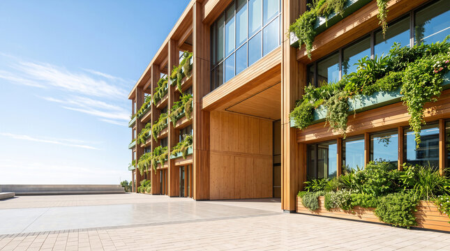 Sustainable mass timber office building facade green low carbon construction architecture copy space