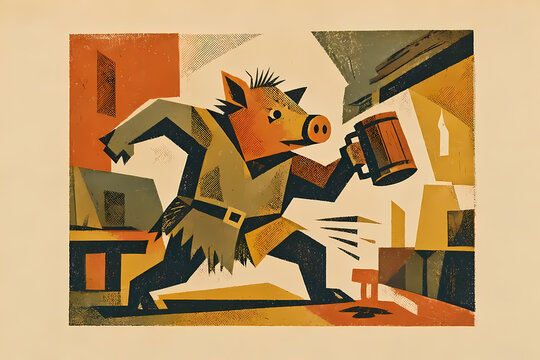 Minimalist vintage fantasy illustration of an anthropomorphic pig tavern brawler. From a vintage-style fantasy woodland animal characters collection. Perfect for RPG projects