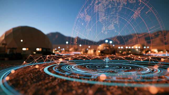 Military base camp in desert environment showing advanced digital grid mapping and surveillance interface futuristic defense technology concept strategic operations