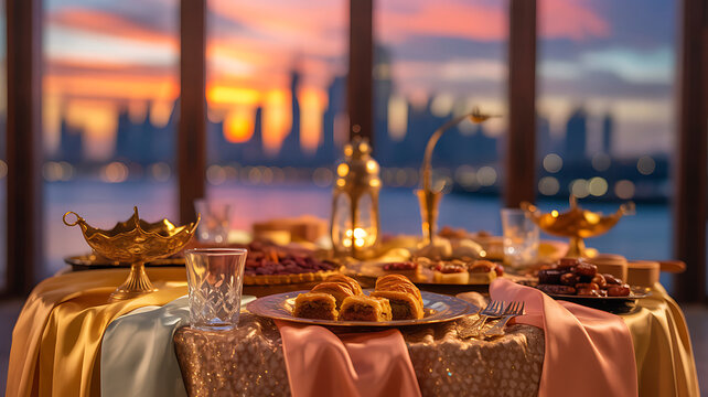 Iftar table setup with traditional arabic sweets and lanterns during sunset overlooking city skyline