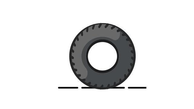 A simple flat gray tire icon rests upright on a thin horizontal ground line and sits centered on a plain white background thumbnail photo image visual