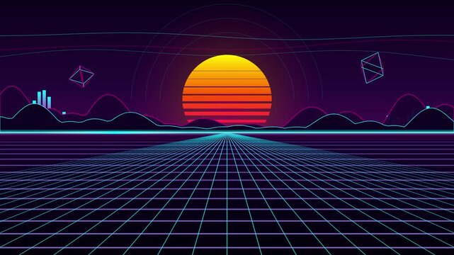 Retro 80s Synthwave Neon Grid Landscape with Sunset