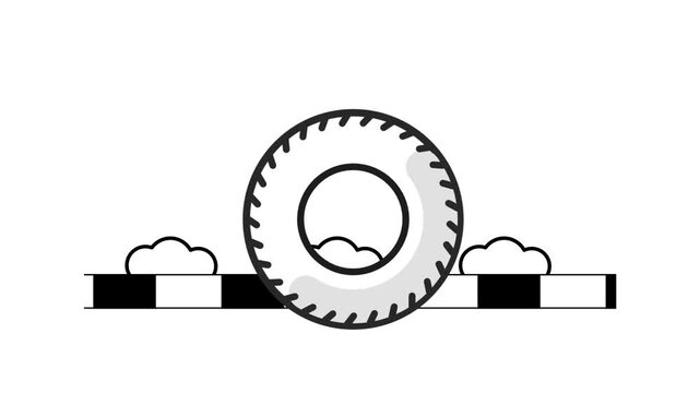 A gray tire icon rests balanced on top of a striped curb block and sits displayed centered clearly on a plain white background thumbnail photo image