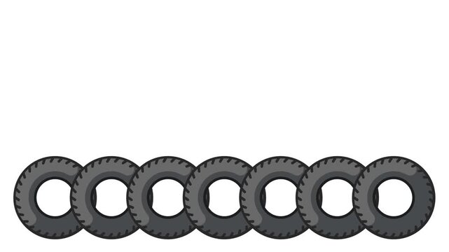 A neat line of seven identical black tire icons is arranged closely side by side on a plain solid black background thumbnail photo image display art