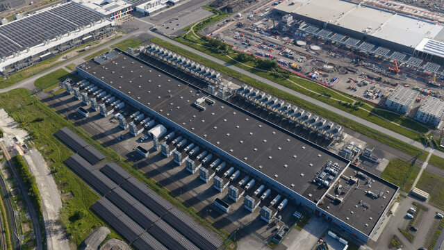 Aerial view of Massive Hyperscale Data Center in Saint-Ghislain Belgium