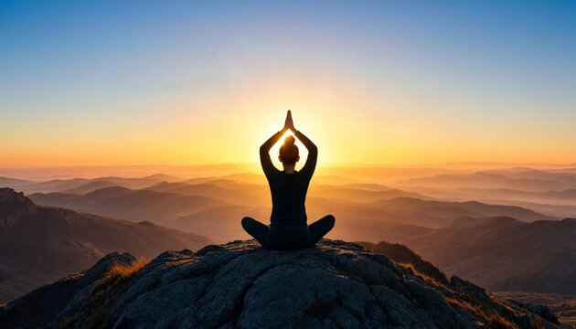 A woman meditating in a lotus position on a mountain peak at golden hour