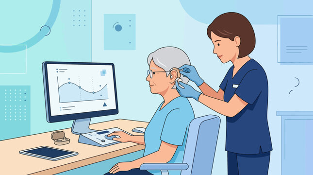 Audiologist fitting hearing aid on senior patient near audiogram chart