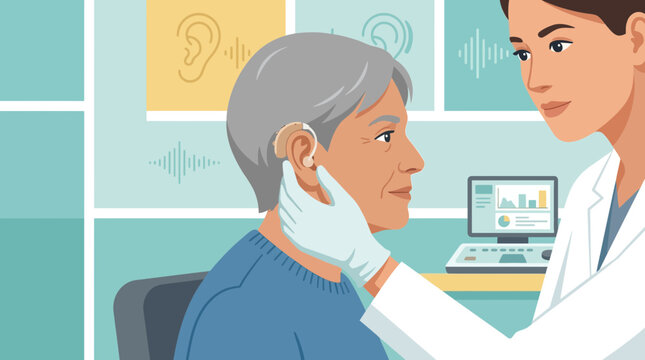 Audiologist examines senior patient with hearing aid and audiogram charts