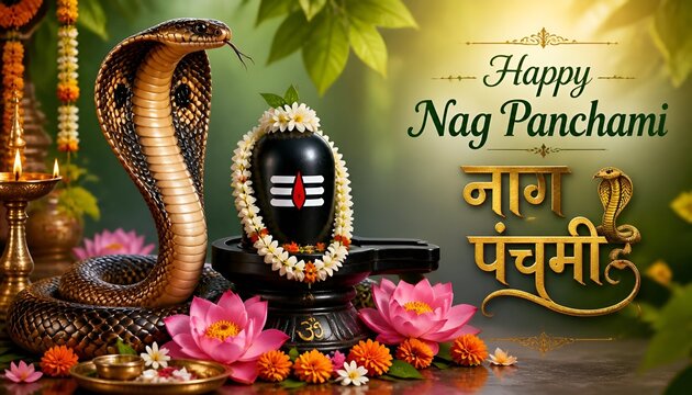 Traditional Nag Panchami Hindu festival celebrating Lord Shiva, Vasuki serpent, Shiva Lingam, sacred worship rituals, Indian spirituality, premium religious banner with generous copy ... 