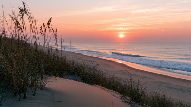 Calm morning along a Delaware coast: dunes, gentle waves, and a pastel sunrise
