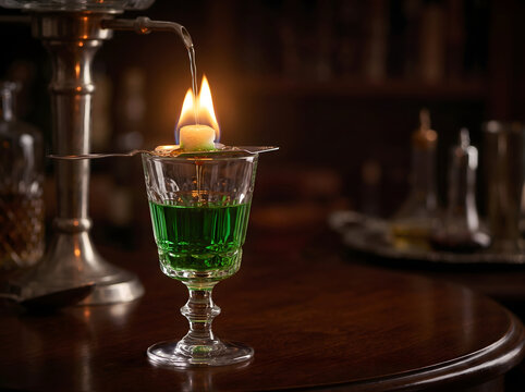 Emerald absinthe cocktail with a flaming sugar cube in a mysterious dark setting.