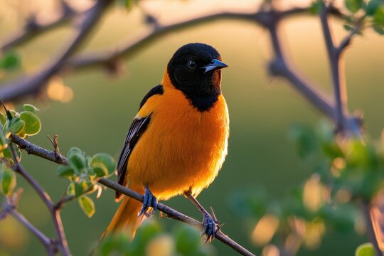Calm study of a hooded oriole on a branch with soft bokeh