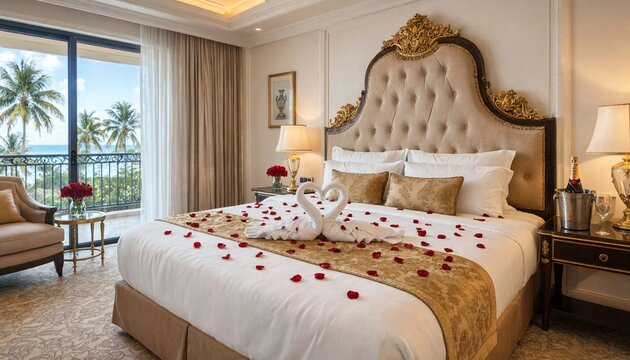 Luxury hotel room with a decorated honeymoon bed featuring towel swans and red rose petals overlooking a tropical beach view