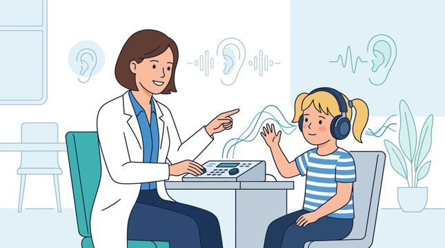 Audiologist testing child's hearing with headphones and audiometer