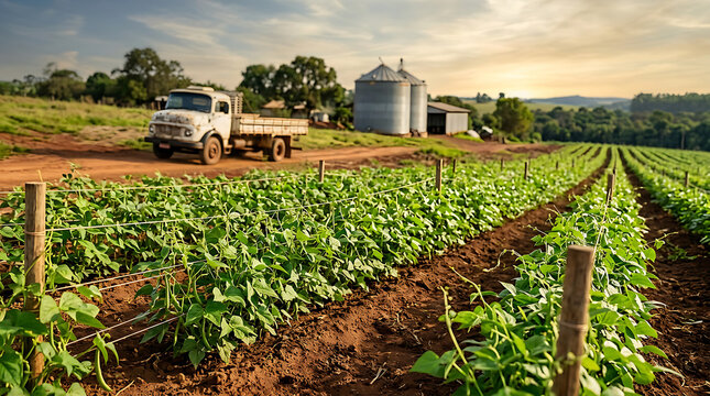 Vintage truck in lush green farmland at sunset.