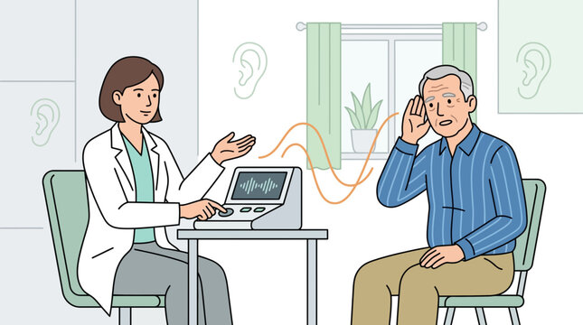 Audiologist tests elderly man's hearing with audiometer, hearing loss consultation