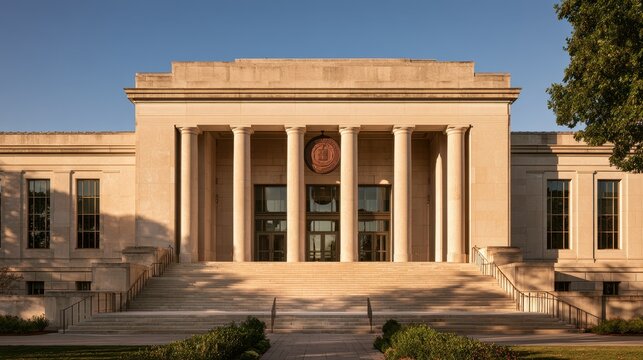 Campus university entrance with a bold crest emblem on a grand stone facade and wide stairs