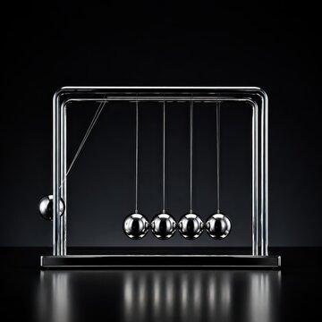 Chrome newtons cradle spheres mid swing on dark background