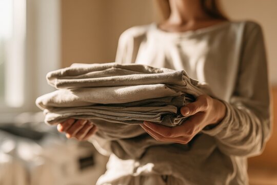 Candid at-home moment: a woman holding folded clothes in her hands in warm daylight