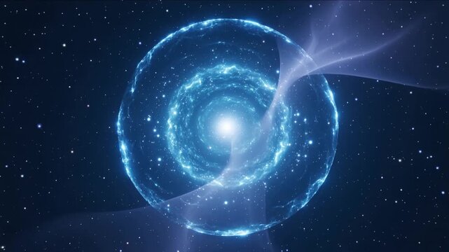 Brightening core driving rings, sweeping ribbon clockwise in deep space stars, showing energy flow