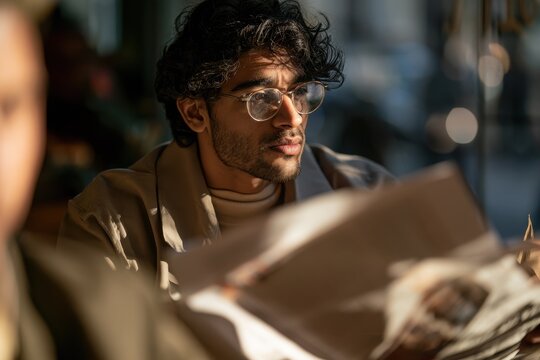 Casual portrait of a stylish man reading the morning newspaper in an urban cafe