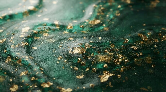 Abstract fluid art with emerald green and gold swirling patterns