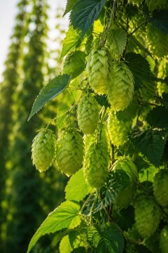 Hop cones hanging on a bine in a hop garden close up