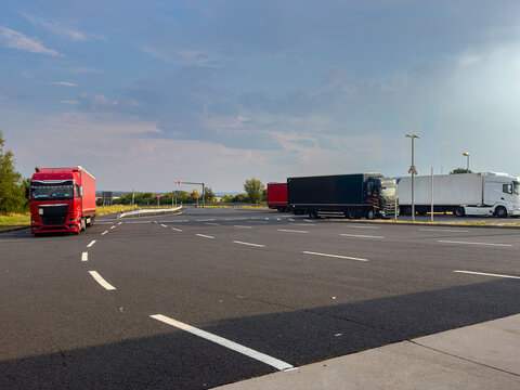 Truck at a Highway Rest Stop &ndash; Long-Haul Transportation, Logistics and Driver Break Concept