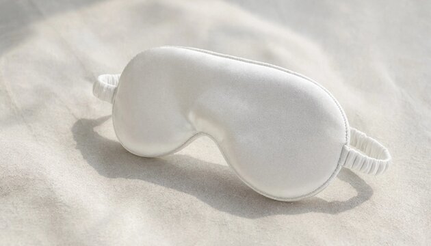 A soft white silk sleep mask resting on textured linen bedding fabric