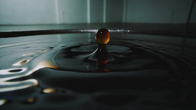 Falling amber droplet forming rising column on shallow container of liquid on table, making ripples