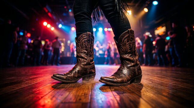Classic brown leather cowboy boots showcasing rustic footwear design, colorful stage lights and vibrant crowd, concept for country music lifestyle and nightlife entertainment