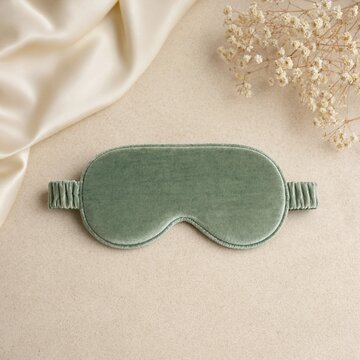 Soft sage green velvet sleep mask for relaxation and resting on a neutral textured background with silk