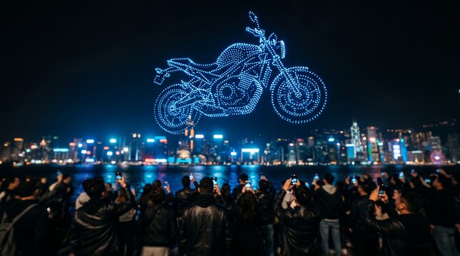 Futuristic drone light show showcasing glowing motorcycle formation, illuminated city skyline and crowd recording with phones, concept for modern entertainment and tech innovation