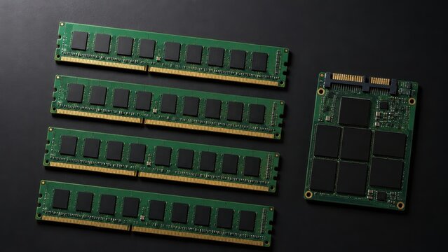 Computer memory modules and solid state drive on a dark surface
